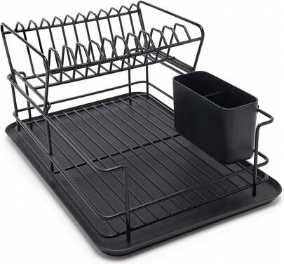 Doppelstöckige schwarze Küchenbehälter mit automatischer Asphaltfunktion, rostdicht, mit Geschirrhalter und Asphaltbecken, die Platz sparen, ist das ideale Geschenk für Geburtstag, Neujahr und Valentinstag.