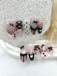 10 Móng Tay Giả Thủ Công Màu Đen Hồng Họa Tiết Kẻ Caro Kiểu Pháp Ngọt Ngào Hình Công Chúa Ballet Có Nơ Dễ Thương, Có Thể Tháo Lắp Và Tái Sử Dụng (1 Tờ Miếng Dán Jelly + 1 Giũa Móng) - Hồng - Xem 2