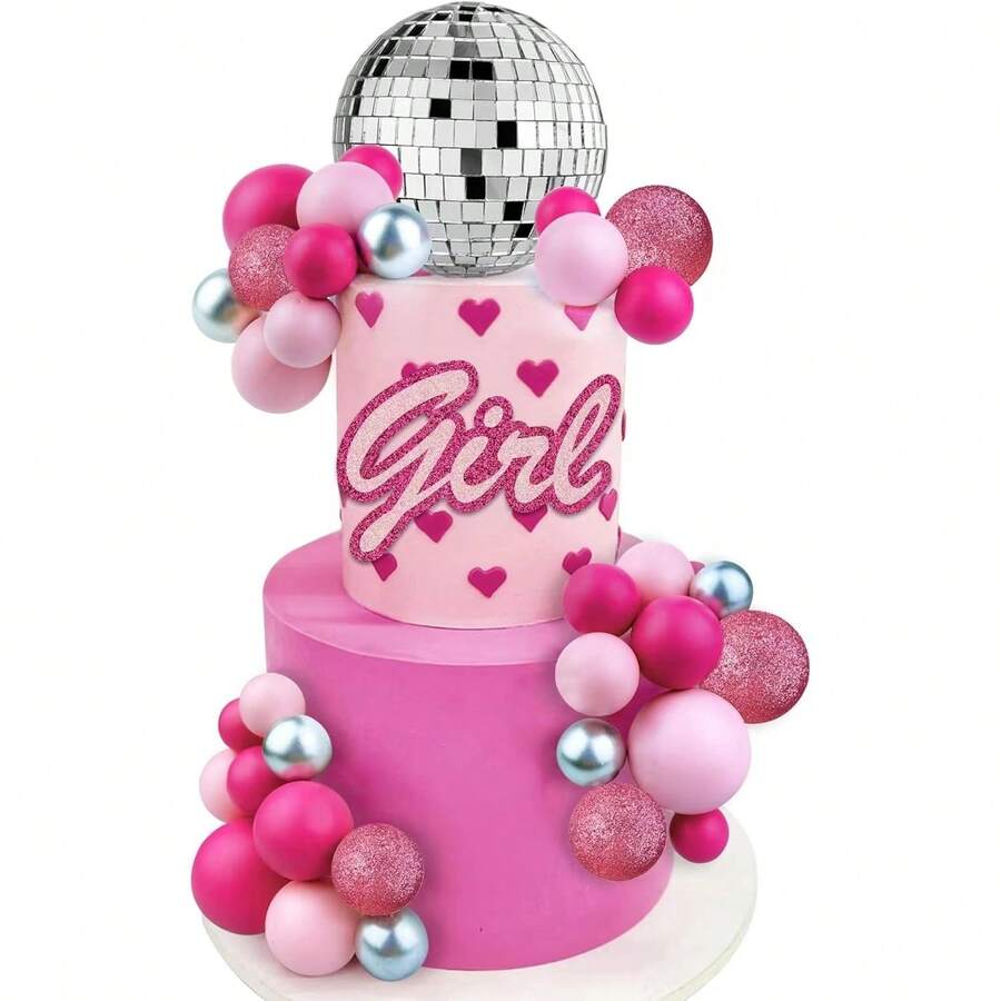 31pcs Hot Pink Cake Decorations, Disco Ball, Wedding & Birthday Party Cake Decor - Multicolor - View 1