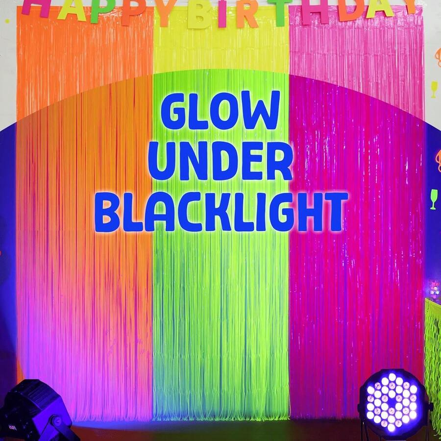 2 Pack Glow In The Dark Tinsel Foil Fringe Curtains, UV Blacklight Reactive Neon Macaron Backdrop, 3.3x6.6ft Fluorescent Matte Streamers For Glow Party Decor, Birthday, Disco, Rave (Fluorescent Yellow/Fluorescent Fuchsia/Fluorescent Orange) - View 1