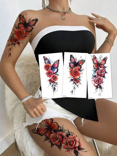 3 st färgglada tillfälliga tatueringsklistermärken med fjärilar, sexig kombinationsdesign med fjärilar och rosor, trendig kroppskonst för kvinnor, lätt att använda och vattentät, lämplig för festivaler, presenter, resor och människor