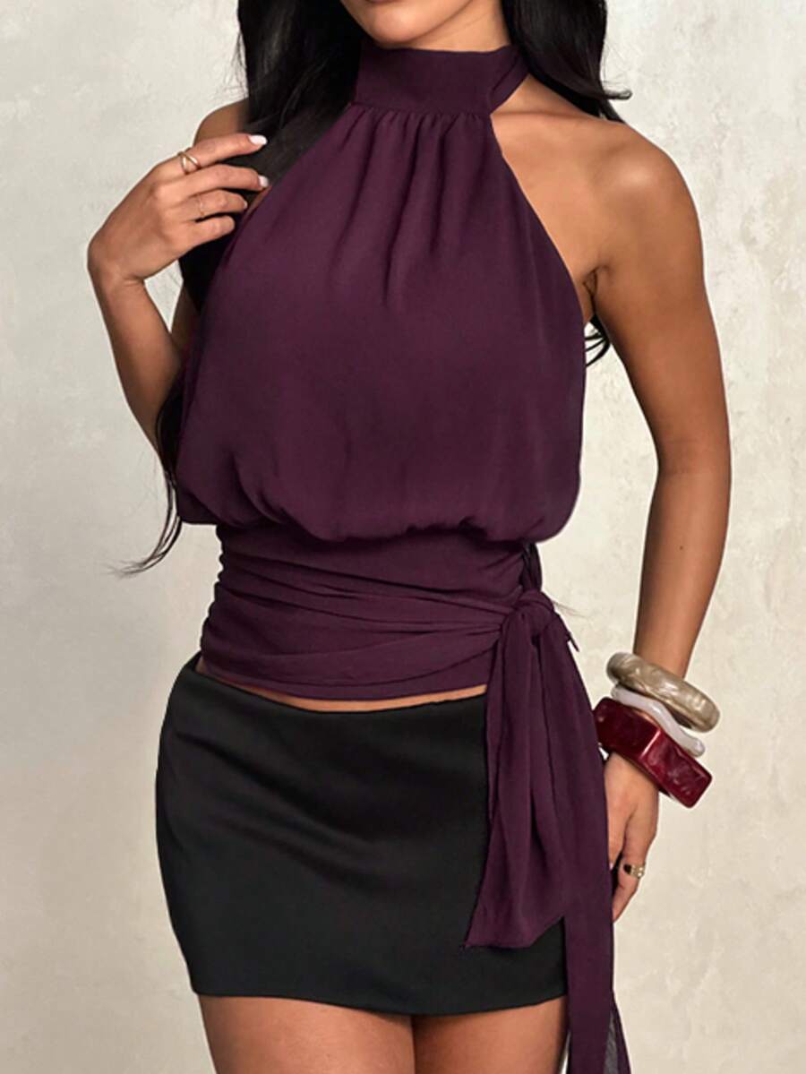 WOWDARK 女士夏季上衣，紫色时尚性感露背休闲衬衫，适合情人节、约会、聚会、派对、旅行、度假、海滩等场合。