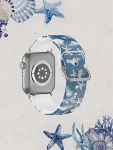 1pc Soft Elastic Breathable Seawater Blue Starfish & Shell Pattern Watch Band, Suitable For Samsung, Honor Smartwatches, 38mm 40mm 41mm 42mm 46mm 45mm 44mm 49mm, Beach Holiday Gift, Casual Silicone Watch Strap For Apple Watch Ultra SE/11/10/9/8/7/6/5/4/3/2/1 - Multicolor - View 2