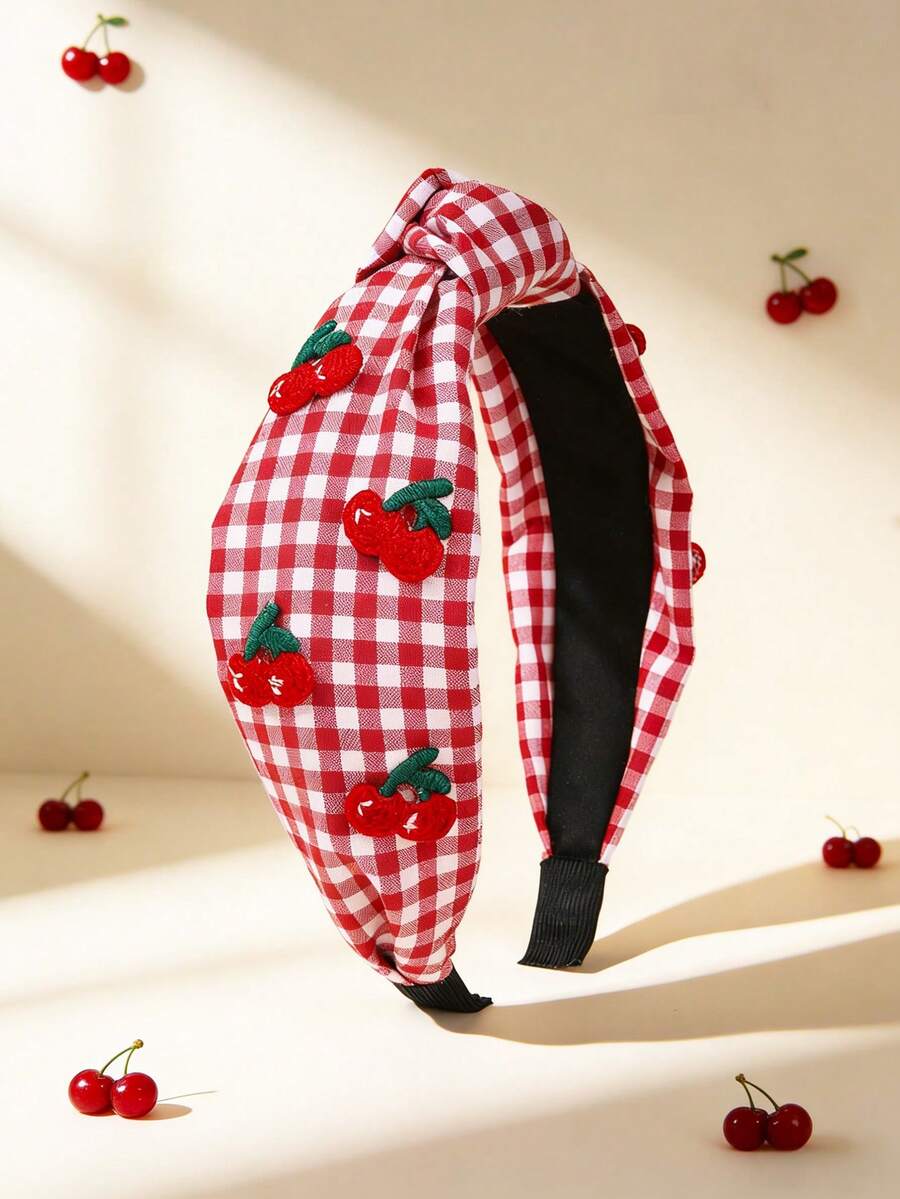 1件装女童红色樱桃草莓图案格子蝴蝶结发箍，甜美水果发圈，Y2K风格可爱发饰，适合春夏佩戴 - 紅色 - 查看 1