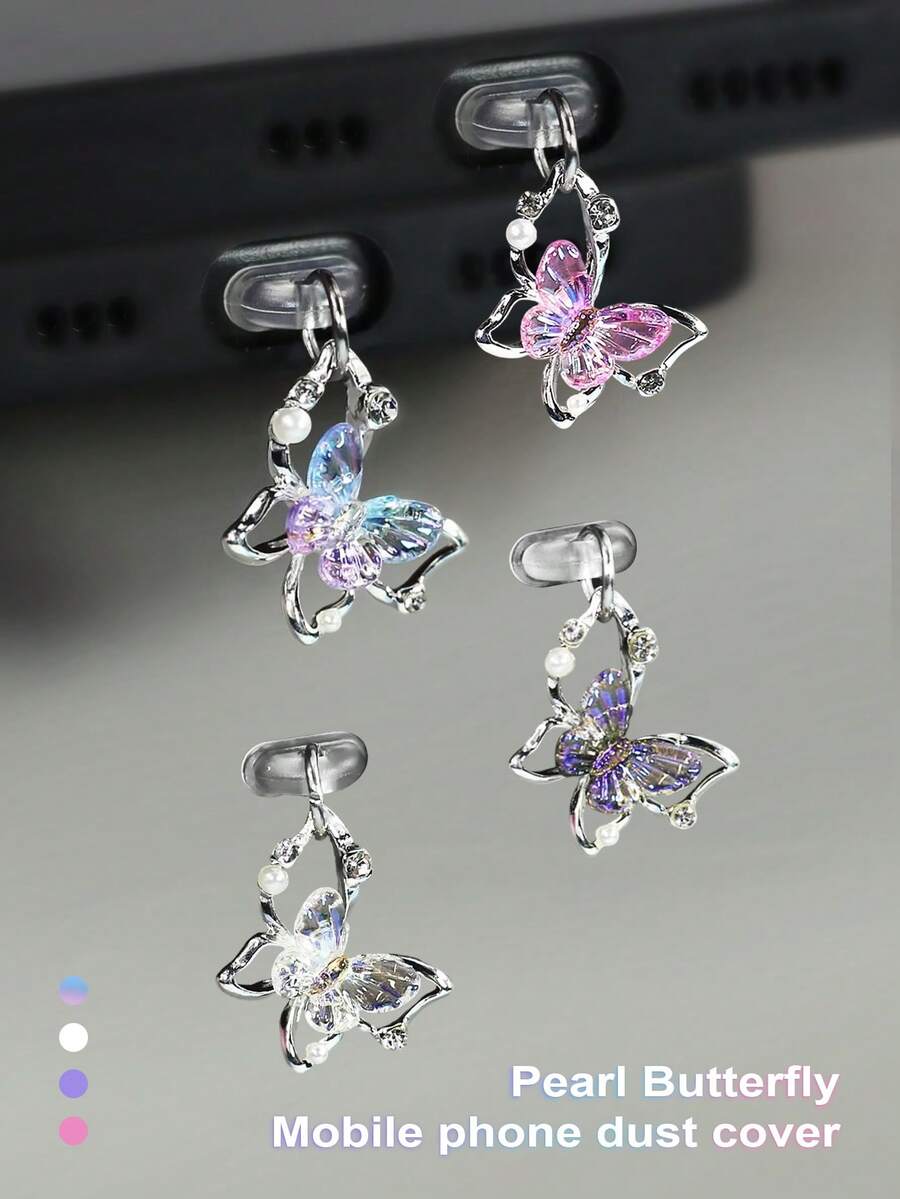 Accesorio de enchufe antipolvo con decoración de mariposa y corazón de ónix y cristal, accesorio colgante compatible con todos los modelos de teléfono - Multicolor - Ver 1