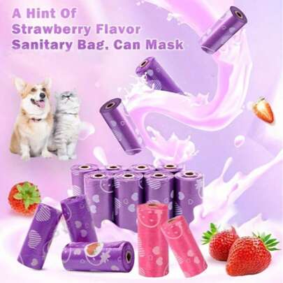 Strawberry Scented Pet Waste Bags, Pink Strawberry Trash Bags, Purple Strawberry Heart Pet Waste Bags, Portable Pet Poop Bags With Strawberry Fragrance, Pet Valentine's Day Gift