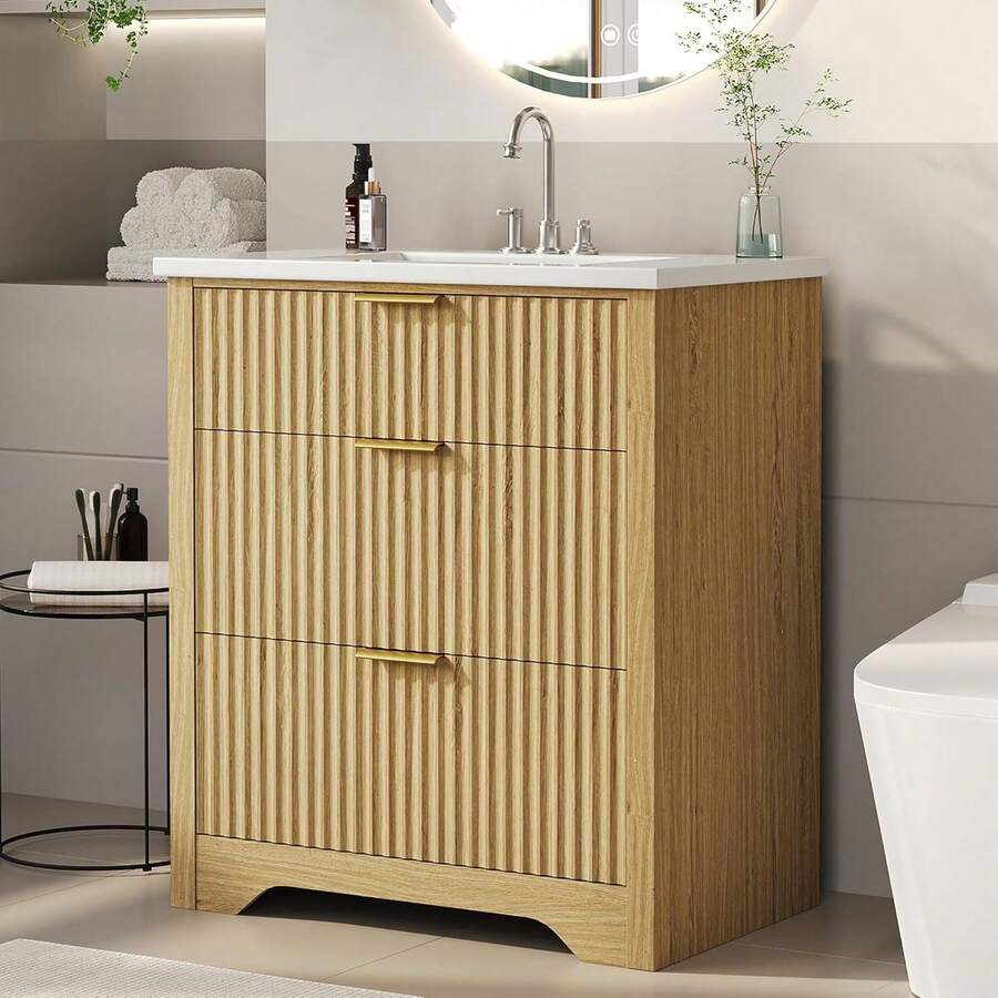 Vanidad de baño ranurada de 24 pulgadas con lavabo, gabinete de lavabo de baño independiente de granja con 2 cajones y 1 cajón desplegable, fácil montaje y limpieza - Roble natural - Ver 1