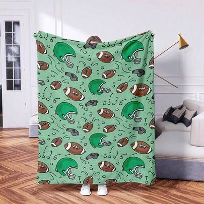1pc New Soft Blanket With Digital Printed Football Design, Warm Polyester Fiber Blanket Suitable For Office Nap, Camping, Sofa Or Travel, Retro Cartoon Holiday Decor