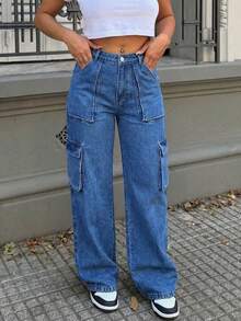 Women's Y2K High Waist Straight Leg Multi-Pocket Cargo Jeans - Dark Wash - View 3