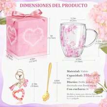Tazas de Café de Vidrio de Doble Pared,350ML Lindas Tazas de Té de Vidrio con Asas y cuchara, llavero de Amor, Exquisita Caja de Regalo, para Cumpleaños, San Valentín, Día de la Madre (Rosa) - Rosa - Ver 2