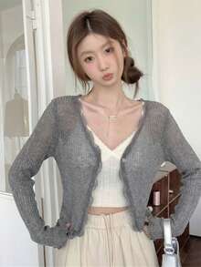 女士蓝色蕾丝边V领罩衫，可爱返校夏季轻薄披肩外套 - 深灰色 - 查看 5