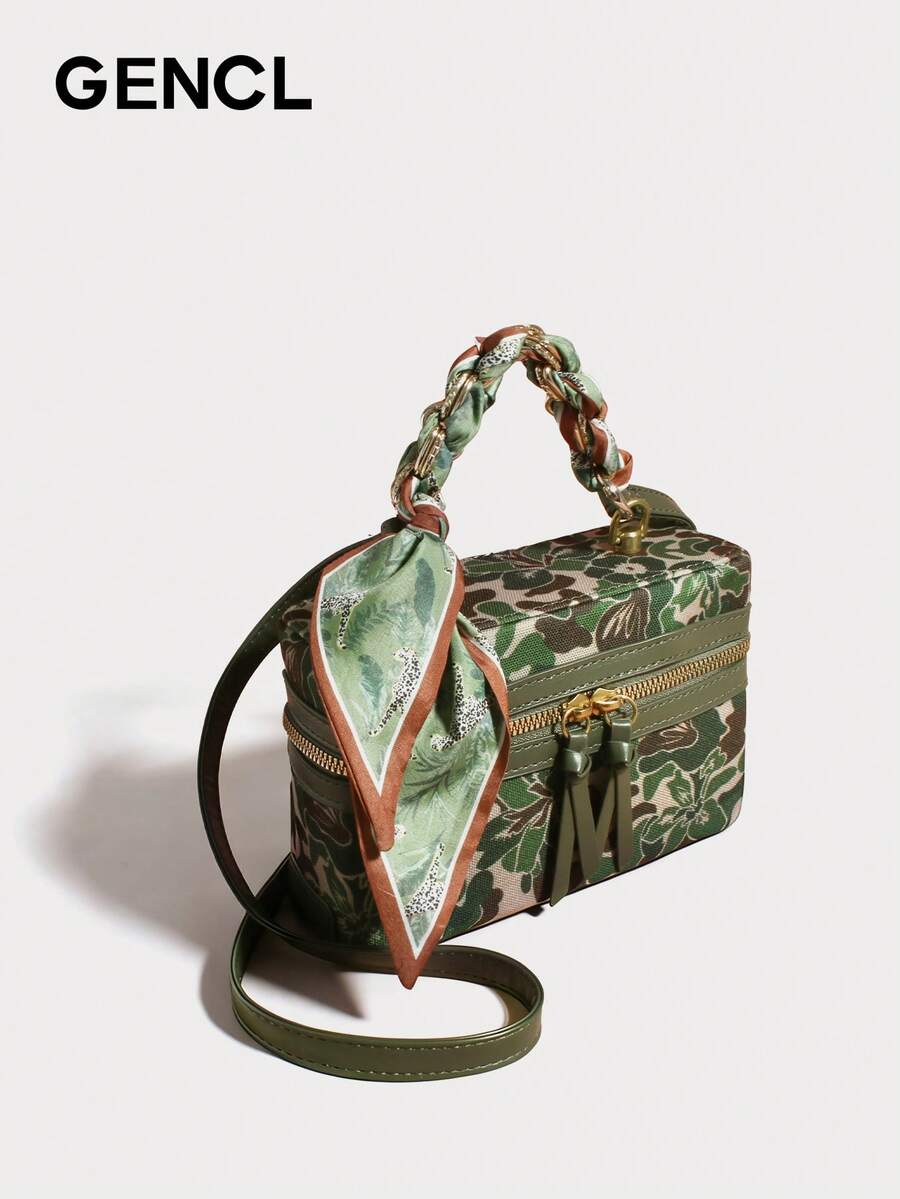 Women 2025 New Summer High-End Silk Scarf Chain Camouflage Chic Mini Square Box Bag Small Versatile Lightweight Stylish Messenger Crossbody Handbag | Travel, Vacation, Shopping, Date, Commute, Gift For Women, Mothers, Teachers, Friends, Bridesmaids - 橄欖綠 - 查看 1
