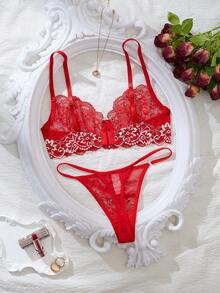 Women's Red Lace Trim Lingerie Set For Valentine's Day - Red - View 2