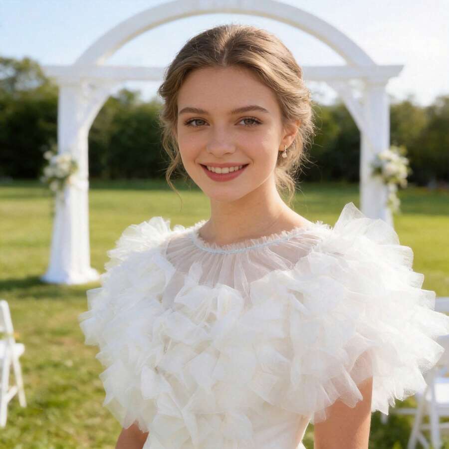 1pc White Mesh Bridal Shawl, Versatile Floral Decor For Wedding Dress, Stage Performance - White - View 1