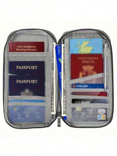1pc High-Quality Travel Passport Wallet - With Zipper, ID And Credit Card Slots, Phone Pocket - Black & White Grid Storage Pouch, Foldable Silicone Storage Bag | Essential For Vacation, Document Storage | Fashionable Design, Suitable For Spring, Summer, Autumn, Winter Travel For The Whole Family