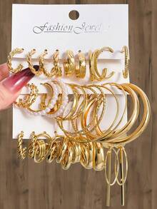 32件套极简几何圆形耳环套装（女士款） - 金色 - 查看 1