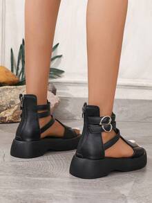 Giày sandal cao gót đế dây cho nữ, gót đế xuồng, hở mũi, thắt nơ chéo, đế platform, thích hợp cho mùa hè và mùa xuân. - màu đen - Xem 5