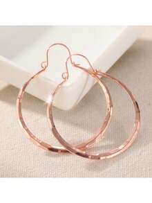 1 Pair Classic Minimalist Handcrafted Hammered Texture Round Hoop Earrings, Vintage Everyday & Party Accessory For Women - Rose Gold - View 3