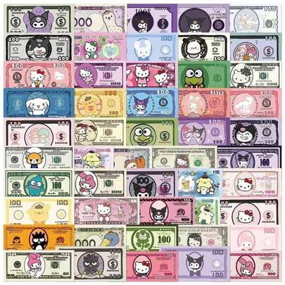 SANRIO 500pcs Cute Cartoon Banknote Stickers, Including , And Other Characters, Suitable For Decorating Laptops, Notebooks, Planners, Etc.