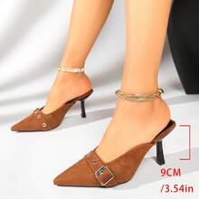 صنادل ذات كعب عالي بأصبع مدبب من الجلد المدبوغ الرجعي 2026 الجديد، أنيقة للتنقل والارتداء الخارجي مع حزام مشبك - بني فاتح - مشاهدة 8