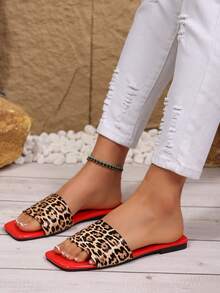 Women's Leopard Print Slip-On Comfortable Casual Fashion Red Flat Sandals, Lightweight Slippers For Summer - Leopard - View 2