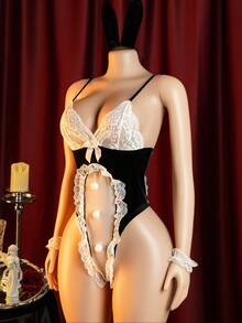 性感兔女郎连体衣套装，不含手镯、发带和丝袜 - 黑與白 - 查看 2