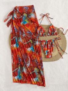 3pcs Women's Sexy Floral Print Bikini Set With Tie-Up Back And Mesh Skirt, Summer - Nhiều màu - Xem 5