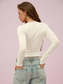 新款白色蕾丝边修身露脐上衣，女士短袖衬衫 - 弹力休闲T恤，优雅百搭，适合约会、办公室、工作、居家穿着，春季必备 - 白色 - 查看 5