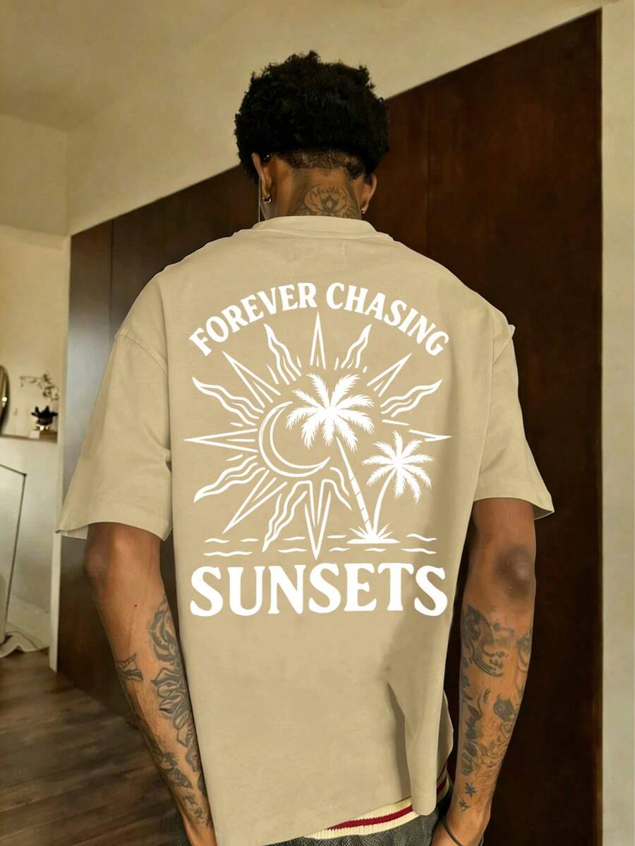 Fractyr 男士休闲度假街头风宽松短袖T恤 | 简约棕榈树和太阳字母印花 | 精致设计 | 夏季必备 | 百搭时尚 - 杏色 - 查看 1