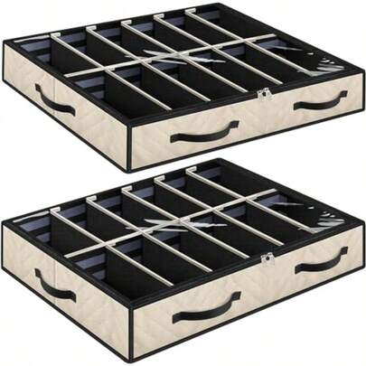 Juego de 2 unidades de almacenamiento para zapatos debajo de la cama paredes laterales resistentes divisores ajustables mango reforzado cierre resistente parte inferior con estructura