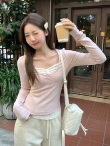 女士蕾丝边饰二合一长袖T恤打底衫 - 粉色 - 查看 1