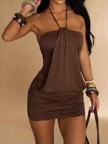 WOWDARK 棕色夏季连衣裙，时尚女士性感优雅褶皱迷你派对连衣裙，适合狂欢节、约会、聚会、派对、旅行、度假、海滩等场合，也适合春季婚礼等场合。 - 棕色 - 查看 8
