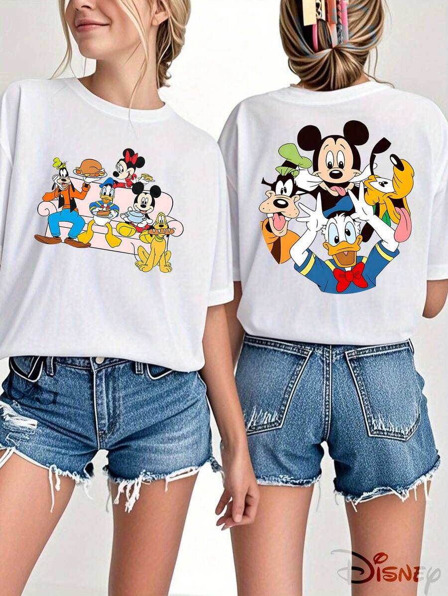 Authorized By Disney, Donald Duck Mickey Mouse Pattern Women's 100% Cotton T-Shirt-Creative Cartoon Printing, Breathable And Light Fabric, Regular Round Neck Summer Street Casual Shirt, Disney Shirt, Holiday Gift, The Same For Men And Women, Relaxed And Comfortable. - Blanc - Voir 1
