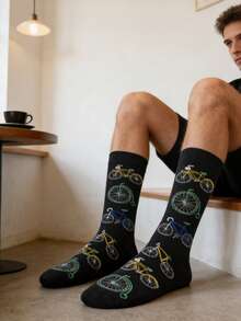 1 Pair Men's Colorful Bicycle Pattern Socks On Black Background, Casual Socks For All Seasons - Multicolor - View 5