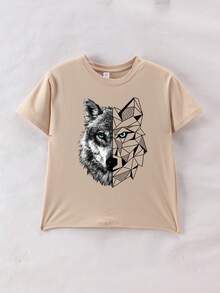 1 Conjunto de ropa para niña preadolescente, que incluye una camiseta de cuello redondo color albaricoque y pantalones acampanados a juego, con estampado gráfico creativo de cabeza de lobo - Albaricoque - View 7