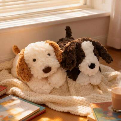 可爱躺卧小狗毛绒玩具，卡通动物毛绒狗玩偶，儿童安抚毛绒玩具，女孩睡眠枕玩偶，适合儿童节、生日、情人节、复活节、毕业典礼、母亲节礼物，男孩女孩惊喜节日礼物