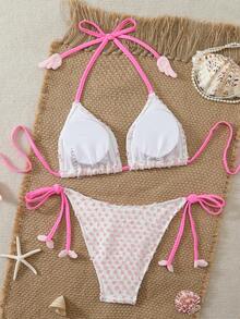 New Knitted Jacquard Special Fabric Polka Dot Cute Sexy Drawstring Party, Photo Shoot, Casual, Vacation, Date, Beach Vacation Halter Bikini Set, Suitable For All Seasons - White - View 2