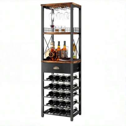 Genérico Estante para Vino de 8 Niveles con Soporte para Copas y Cajón de Tela Porta Botellas de Vino para 30 Botellas Mueble Organizador de Bar para Cocina Sala y Comedor