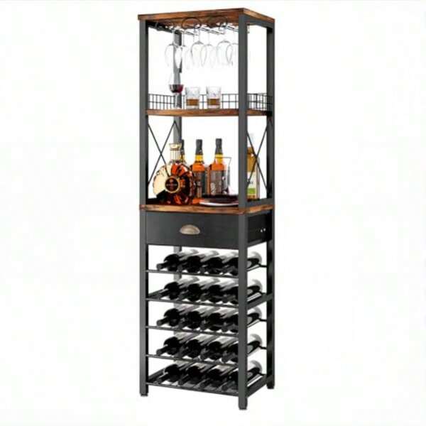 Genérico Estante para Vino de 8 Niveles con Soporte para Copas y Cajón de Tela Porta Botellas de Vino para 30 Botellas Mueble Organizador de Bar para Cocina Sala y Comedor