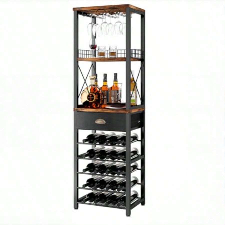 Genérico Estante para Vino de 8 Niveles con Soporte para Copas y Cajón de Tela Porta Botellas de Vino para 30 Botellas Mueble Organizador de Bar para Cocina Sala y Comedor - Marrn - Ver 1