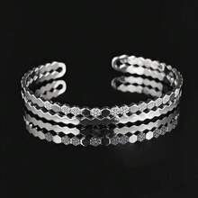 1 Set Retro Dual-Tone Electroplated Cubic Zirconia Striped Bracelet & Ring Set, Suitable For Women's Daily Wear - Style a Silver - View 6