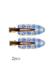 2 piezas/4 piezas Pinzas de pelo de acrílico sin costuras, dulces y versátiles con estampado a cuadros, para niñas - 2 flores azules - Ver 7