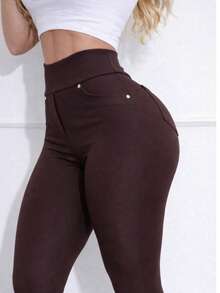 Women's High-Waisted Shaping Riding Leggings With Pockets, Roma Knit - 鏽棕色 - 查看 7