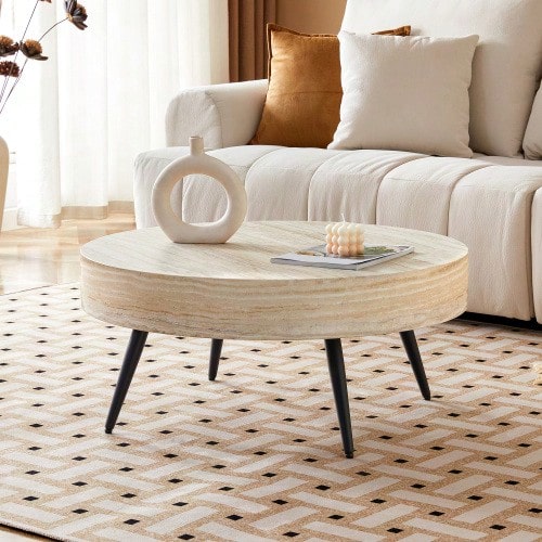 Round Coffee Table With A 70 Cm Diameter In Light Travertine Wood Look (MDF) And Black Metal Legs. Minimalist Design, Ideal For Living Rooms And Small Spaces. - Khaki - View 1