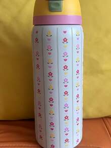 32oz Stainless Steel Tumbler With Fun Patterns - Dopamine Color Collection, Dual-Lid (Straw & Sip), Carry Handle, Ideal For Office, Travel, Gym & Gift. - 32oz - Hoa hàng rào màu be - Xem 2