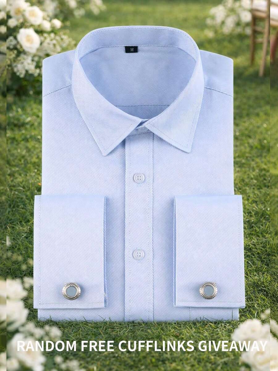 1pc Men's French Cuffs Formal Shirt, Color Block Patchwork Long Sleeve, Wedding Groom/Groomsmen Professional Party, Comes With Random Cufflinks - 淺藍色 - 查看 1