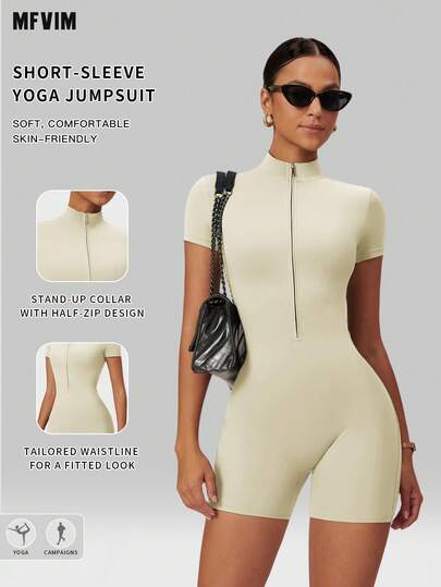  MFVIM Women's Slim-Fit Jumpsuit, Spring/Summer, Half-Zip Collar Design, Slim Fit, Tummy Control, Breathable & Comfortable High-Stretch Soft Fabric, Casual Sportswear For Daily Commute, Outdoor, Running, Cycling, Yoga, Pilates, Gym Workout