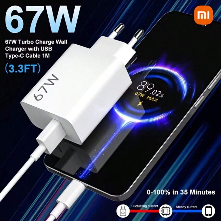 Xiaomi طقم شحن سريع فائق 67 واط من شاومي (الإصدار الدولي)، يشمل محول طاقة من النوع A + كابل بيانات من النوع C بطول 1 متر، شاحن ذكي سريع محمول بقابس أوروبي، باللون الأبيض - قابس اتحاد أوروبي نوع C (220 إلى 240 فولت) - مشاهدة 1