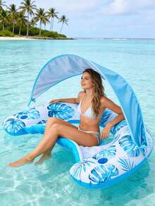 1pc Inflatable Lounger Chair With Cup Holder And Canopy Design, Leaf Pattern, PVC Material, Suitable For Water, Beach, Pool, Theme Party, Inflatable Water Float, Pool Floating Seat, Inflation Pump Needs To Be Purchased Separately - Leaf U-shaped Recliner - View 1