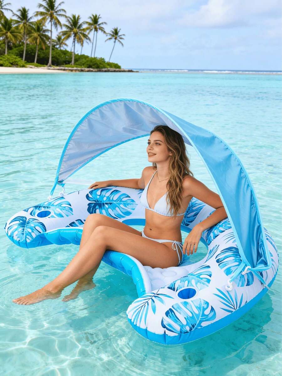 1pc Inflatable Lounger Chair With Cup Holder And Canopy Design, Leaf Pattern, PVC Material, Suitable For Water, Beach, Pool, Theme Party, Inflatable Water Float, Pool Floating Seat, Inflation Pump Needs To Be Purchased Separately - Leaf U-shaped Recliner - View 1